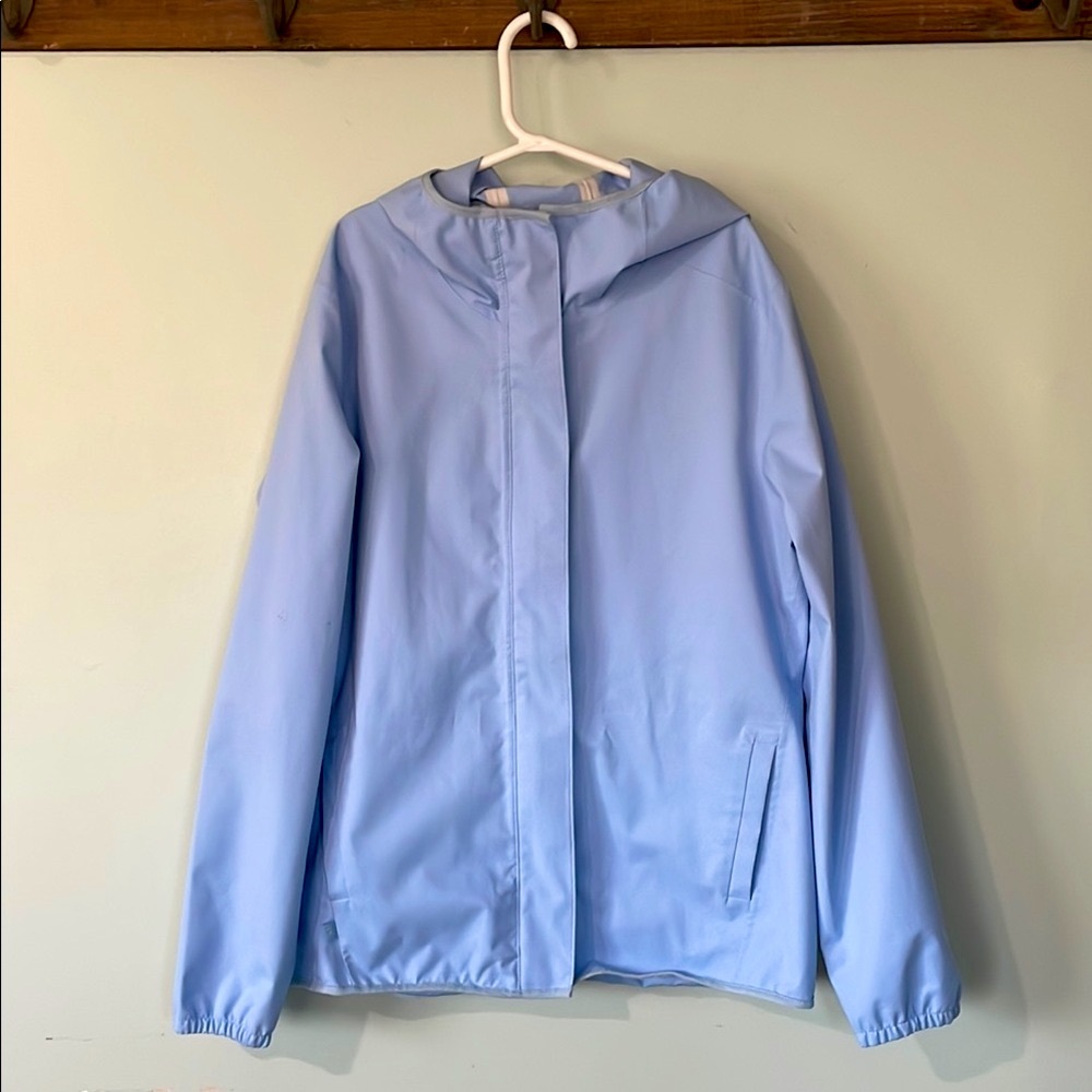 Athleta Girl blue rain coat with hood, size large (12)
